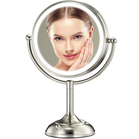 VESAUR front view pearl nickel mirror showing elegant frame and bright LEDs