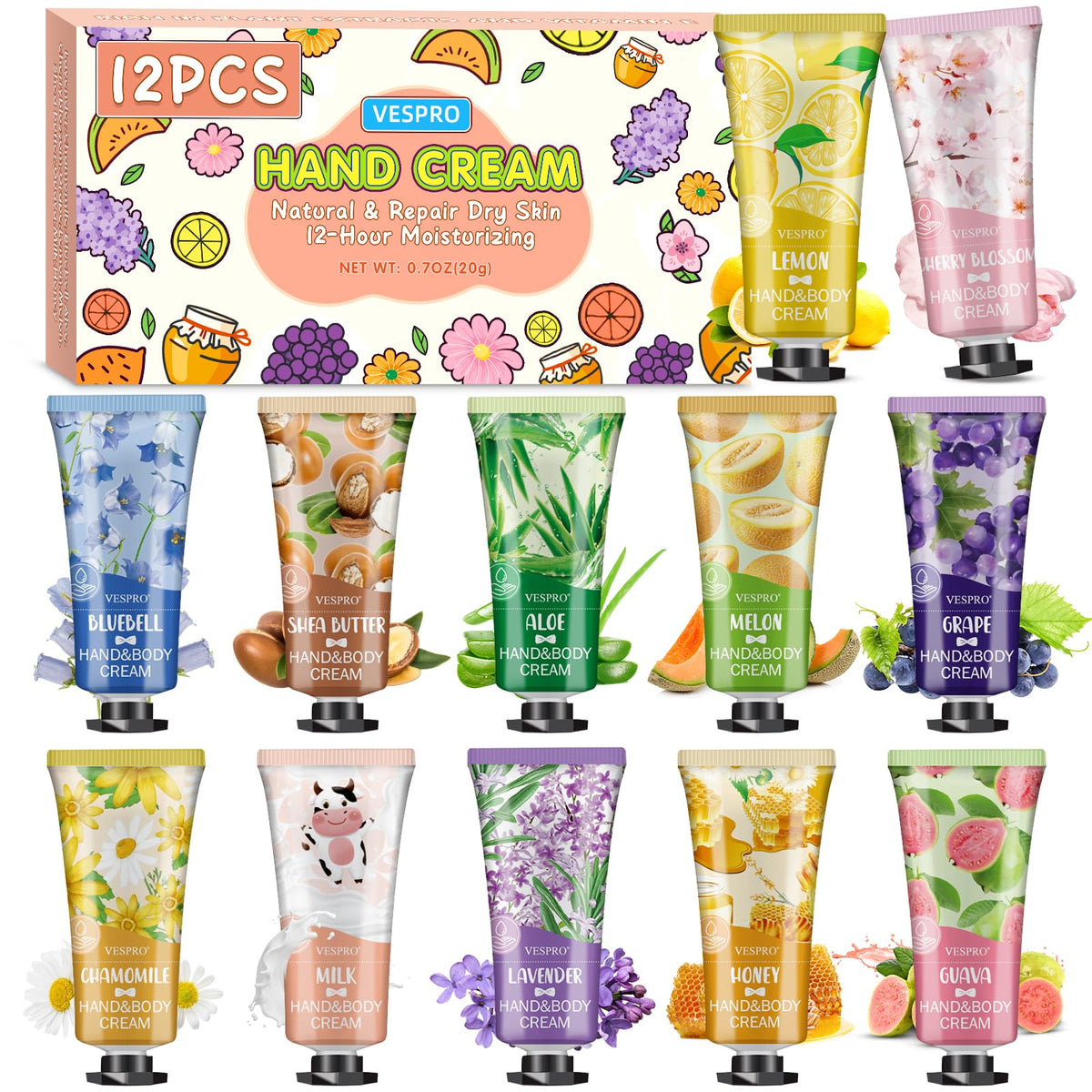 VESPRO front packaging showing twelve mini hand cream tubes and varied scents