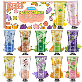 VESPRO front packaging showing twelve mini hand cream tubes and varied scents