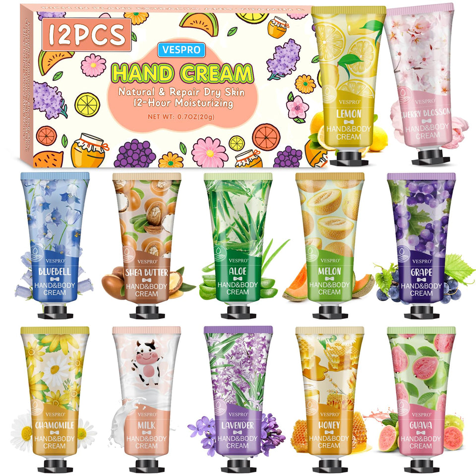 VESPRO front packaging showing twelve mini hand cream tubes and varied scents