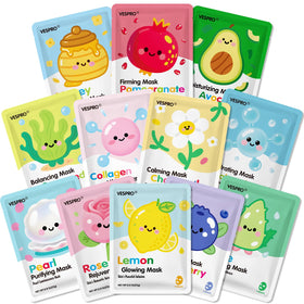 VESPRO front packaging showing 12 assorted sheet masks and benefits