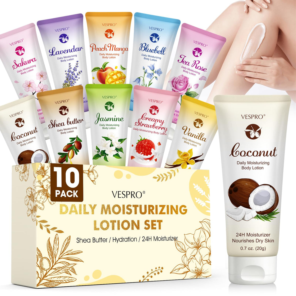 VESPRO front packaging showing ten mini lotion tubes and brand for gifting convenience