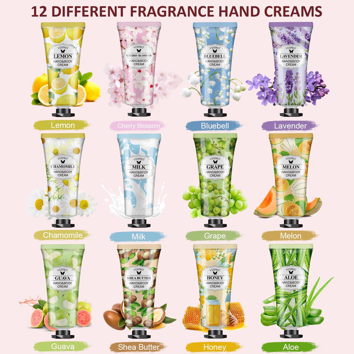 VESPRO variety layout of all twelve scented mini lotions to choose daily