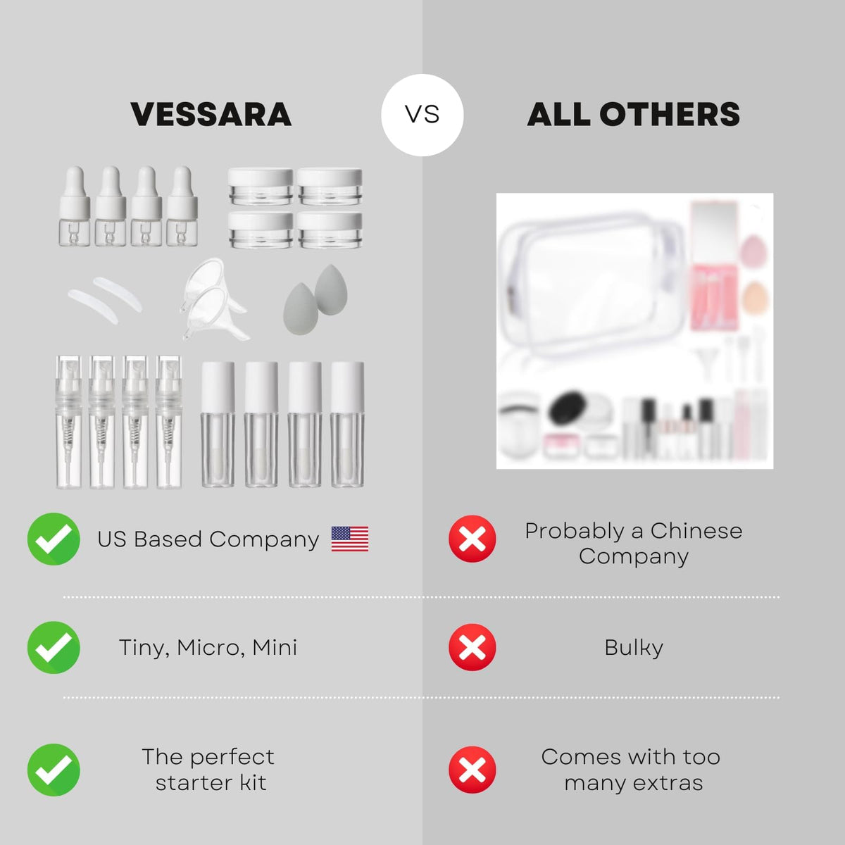 Vessara spatulas and funnels showing hygienic transfers and no-spill refills