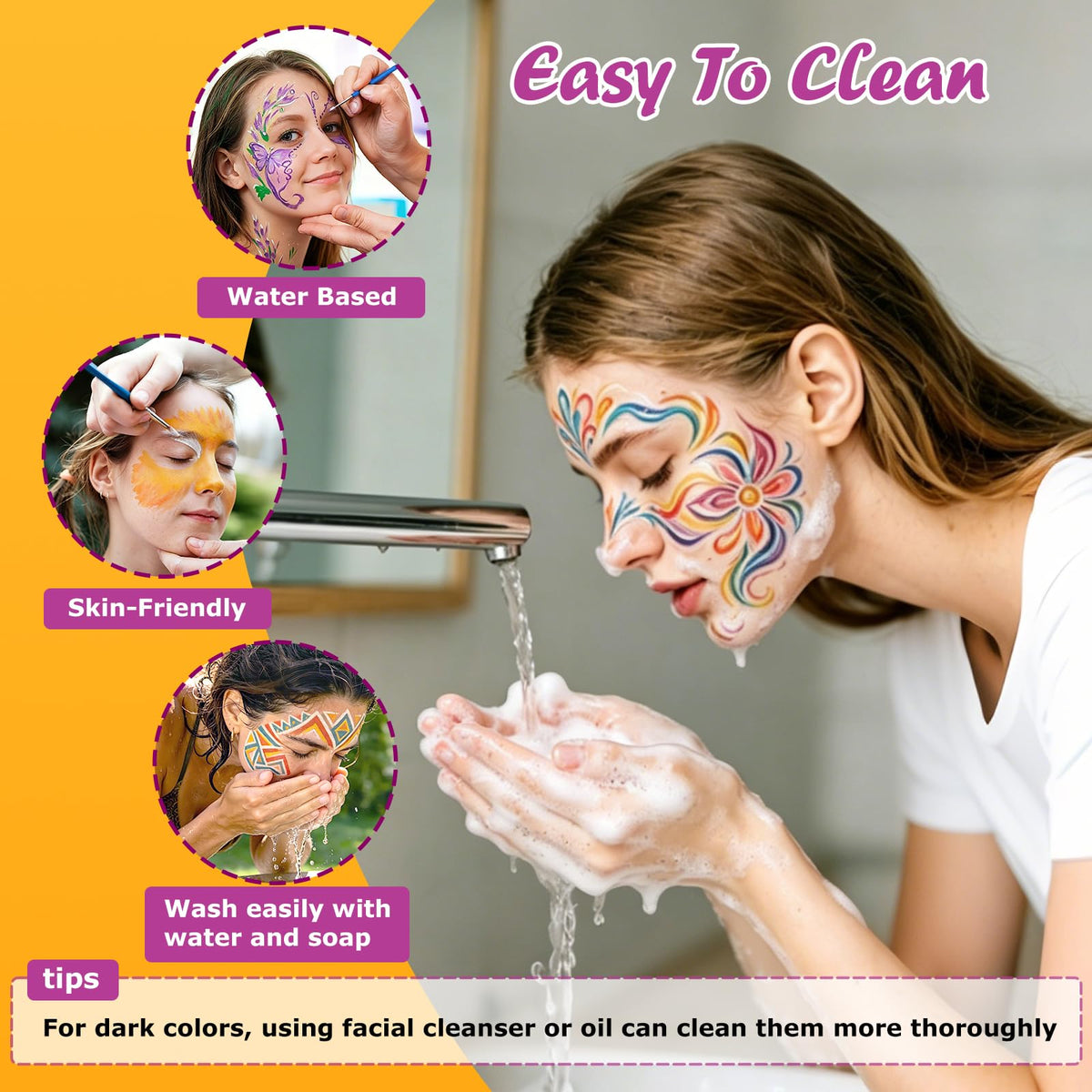 Warm water rinsing Vetuslumen paint off skin to show easy wash-off convenience