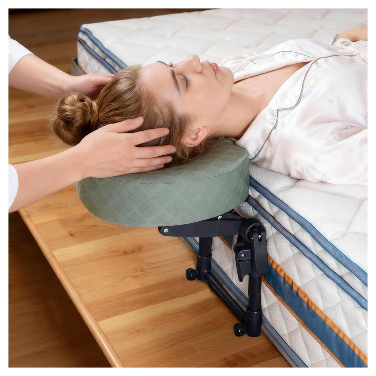 Veuverig front view bed setup showing full headrest converting mattress into massage table