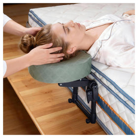 Veuverig front view bed setup showing full headrest converting mattress into massage table