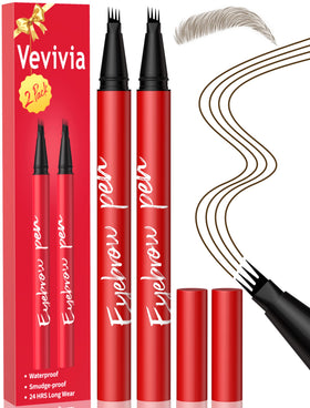 Vevivia Beauty front packaging showing two dark brown eyebrow pens and benefits