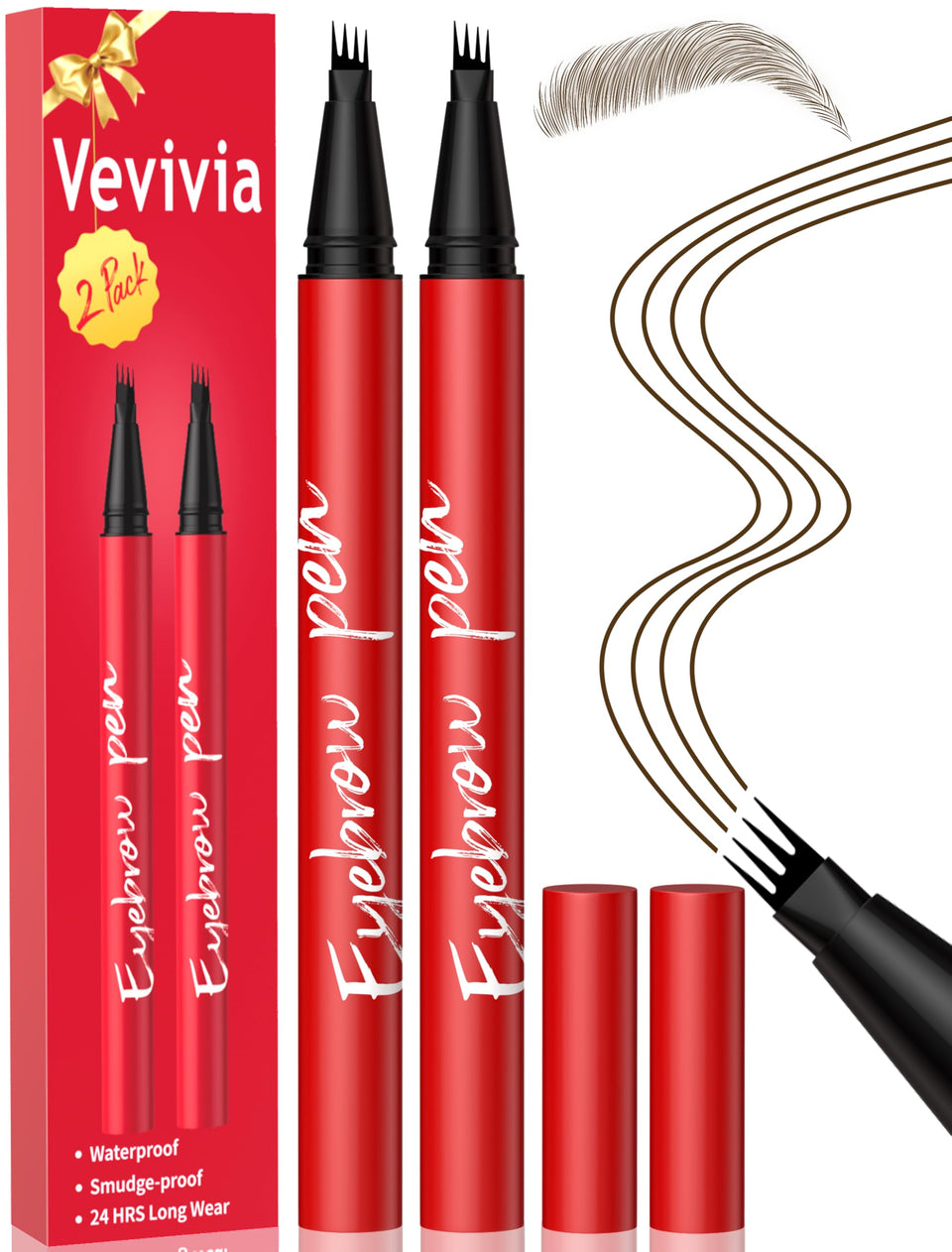 Vevivia Beauty front packaging showing two dark brown eyebrow pens and benefits
