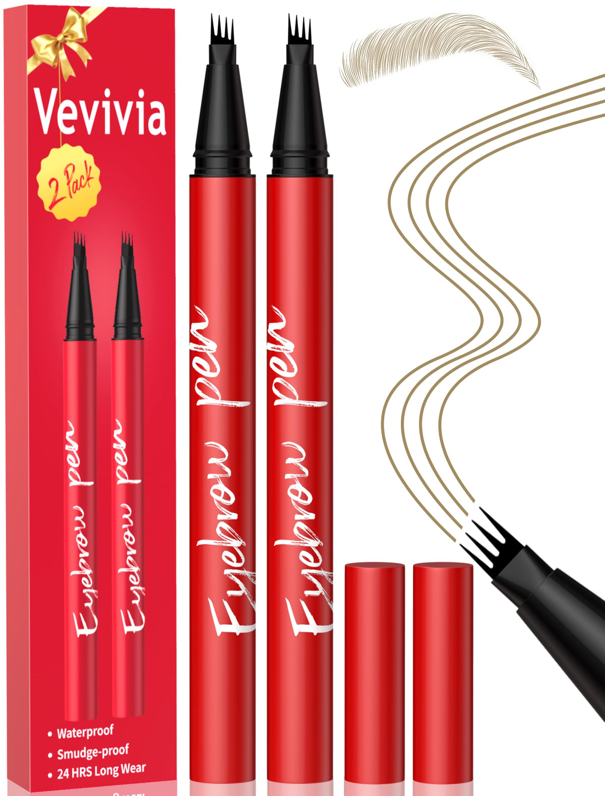 Vevivia Beauty front packaging showing two light brown brow pens and benefits