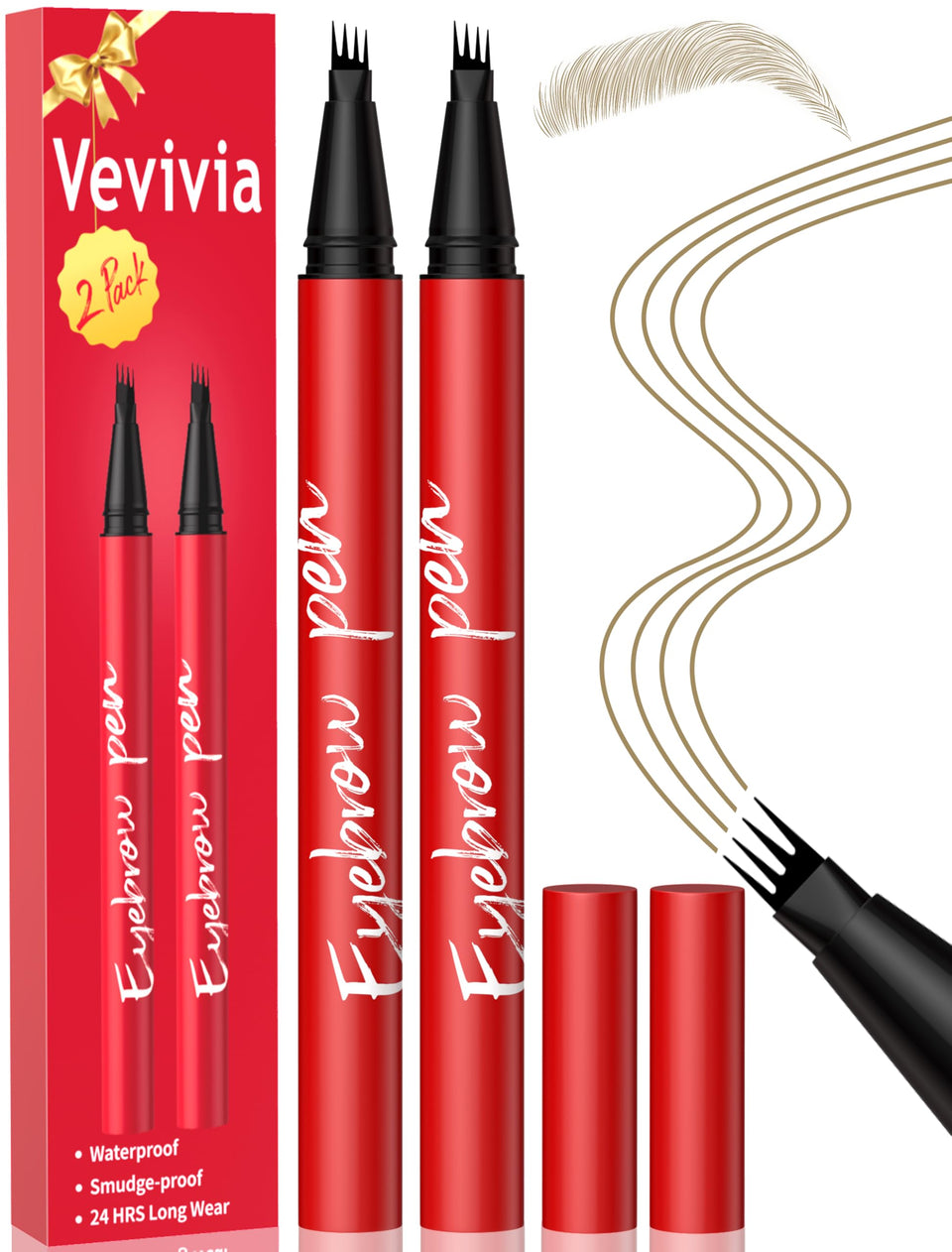 Vevivia Beauty front packaging showing two light brown brow pens and benefits