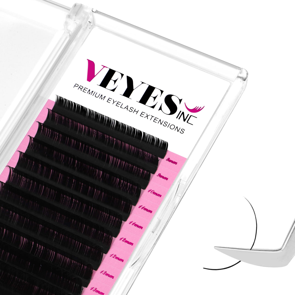 VEYES INC front tray view showing matte black lashes and mixed lengths for efficient service