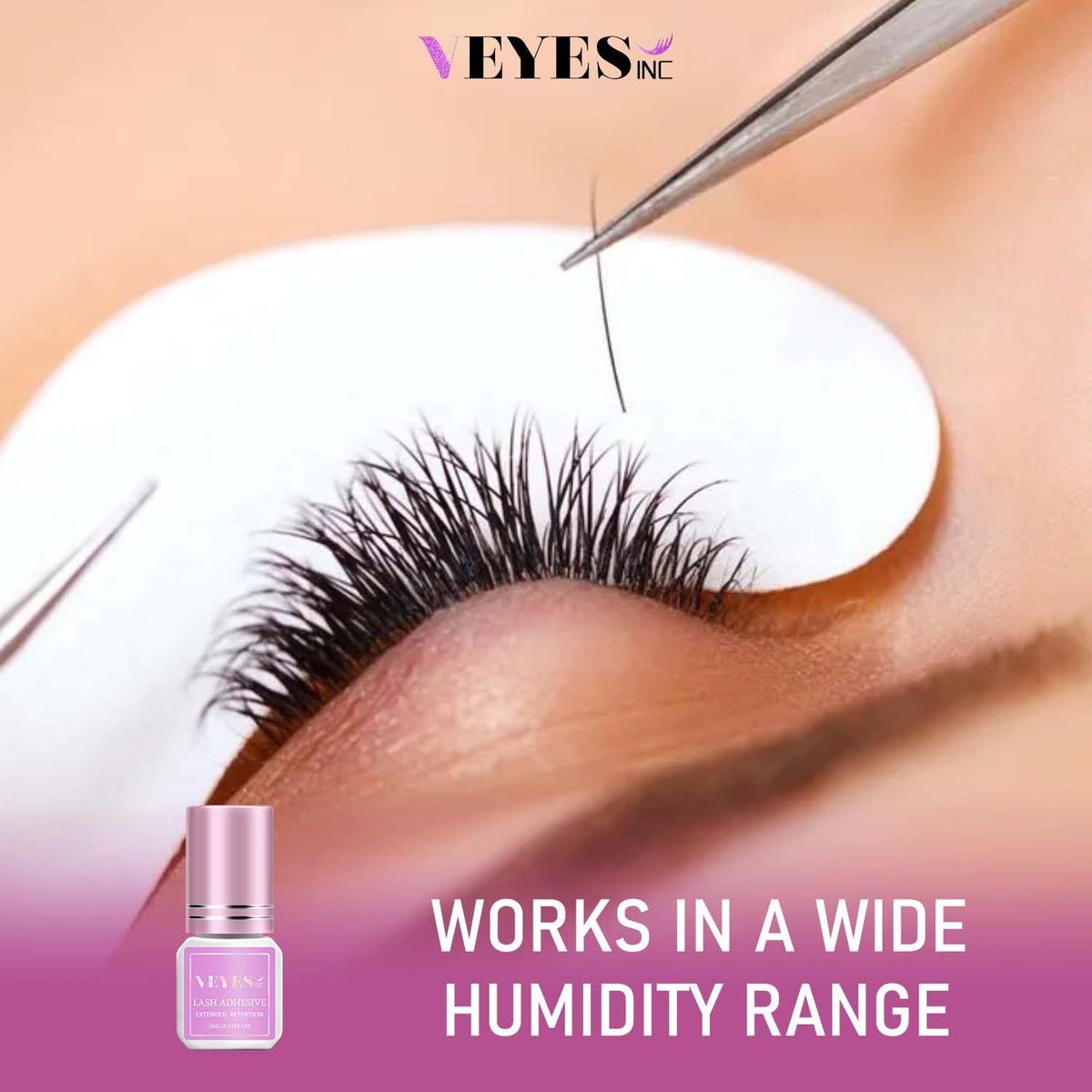 VEYES INC lash tech applying adhesive to extension for faster service times