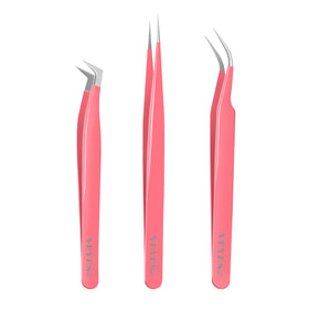 VEYES INC front view showing three pink tweezers for professional precision