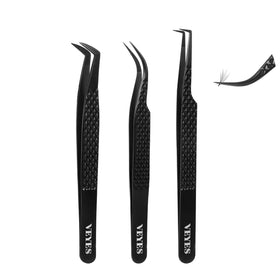 VEYES INC front view of three black stainless steel tweezers showing shape and finish, professional control
