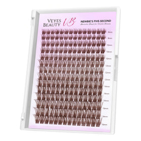 VEYESBEAUTY front packaging showing brown lash cluster tray and branding benefit