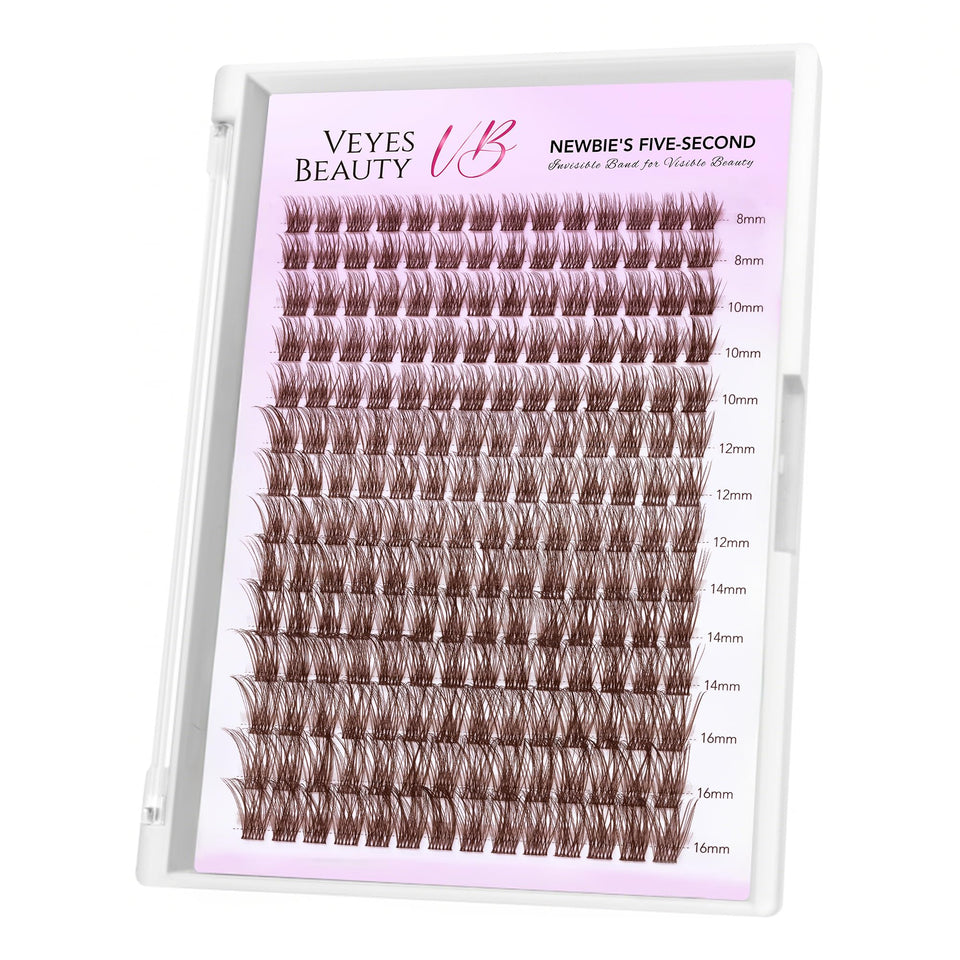 VEYESBEAUTY front packaging showing brown lash cluster tray and branding benefit