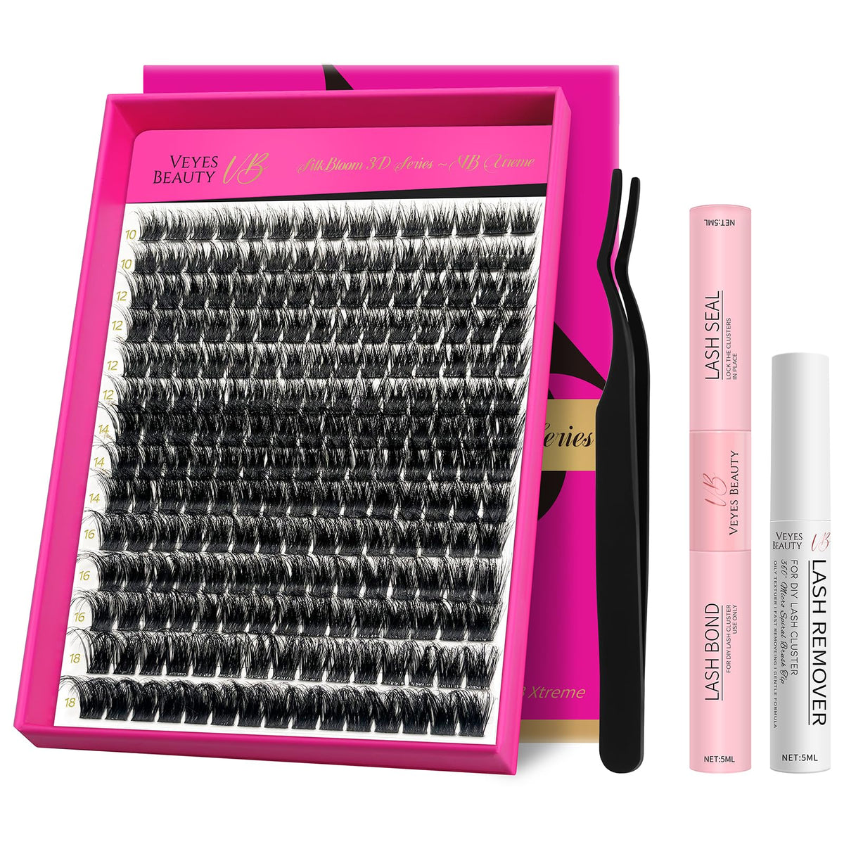 VEYESBEAUTY front kit shot showing complete lash cluster set and tools for easy application