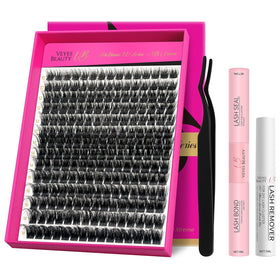 VEYESBEAUTY front kit shot showing complete lash cluster set and tools for easy application