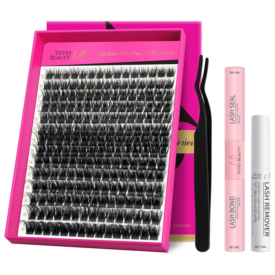 VEYESBEAUTY front kit shot showing complete lash cluster set and tools for easy application
