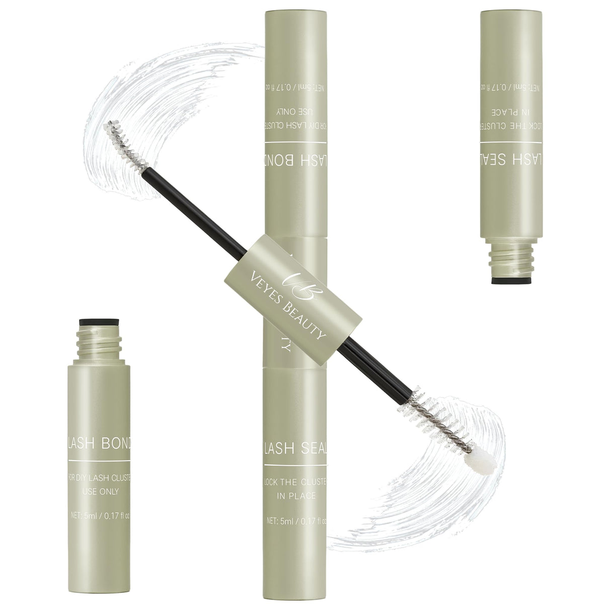 VEYESBEAUTY front packaging showing 2-in-1 lash bond and seal, clear product benefits