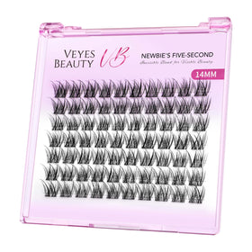 VEYESBEAUTY front packaging showing luxebold 14mm clusters and benefit of reusable tray