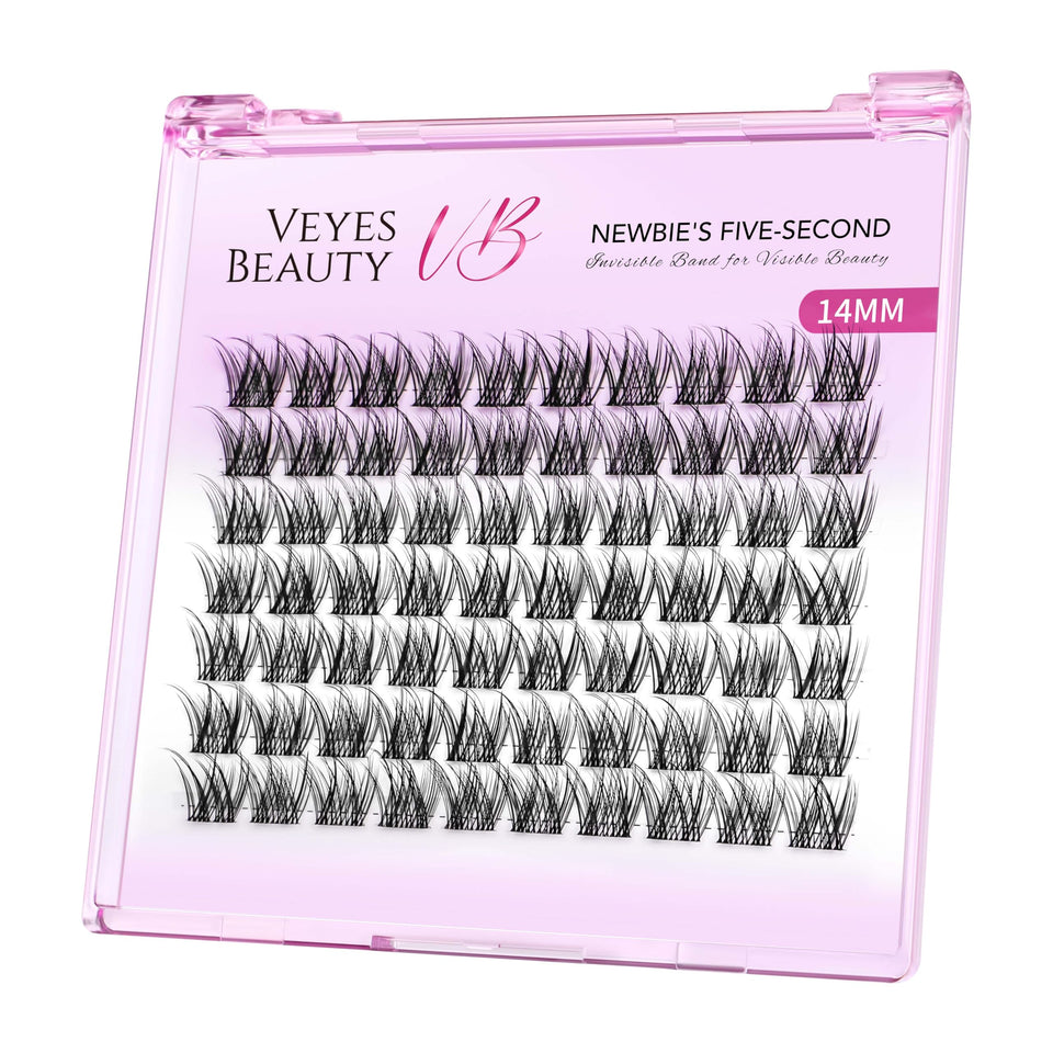 VEYESBEAUTY front packaging showing luxebold 14mm clusters and benefit of reusable tray