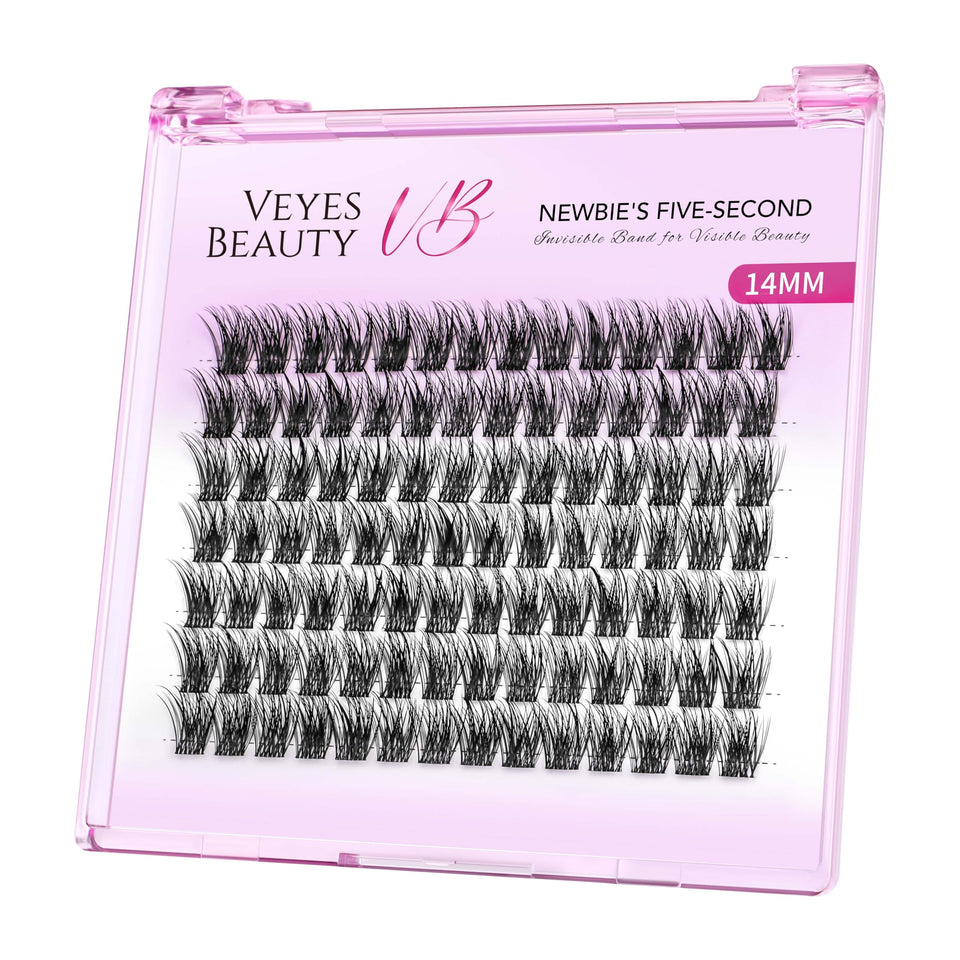VEYESBEAUTY front tray showing wispy 14mm clusters and reusable packaging for convenience