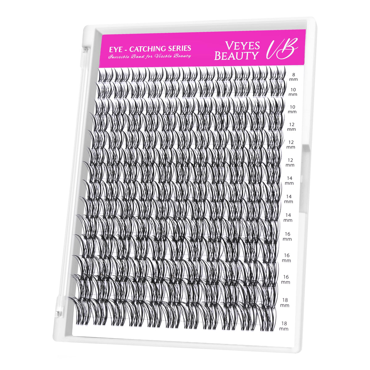 VEYESBEAUTY front tray view showing mixed 8–18mm clusters and organized layout for easy selection