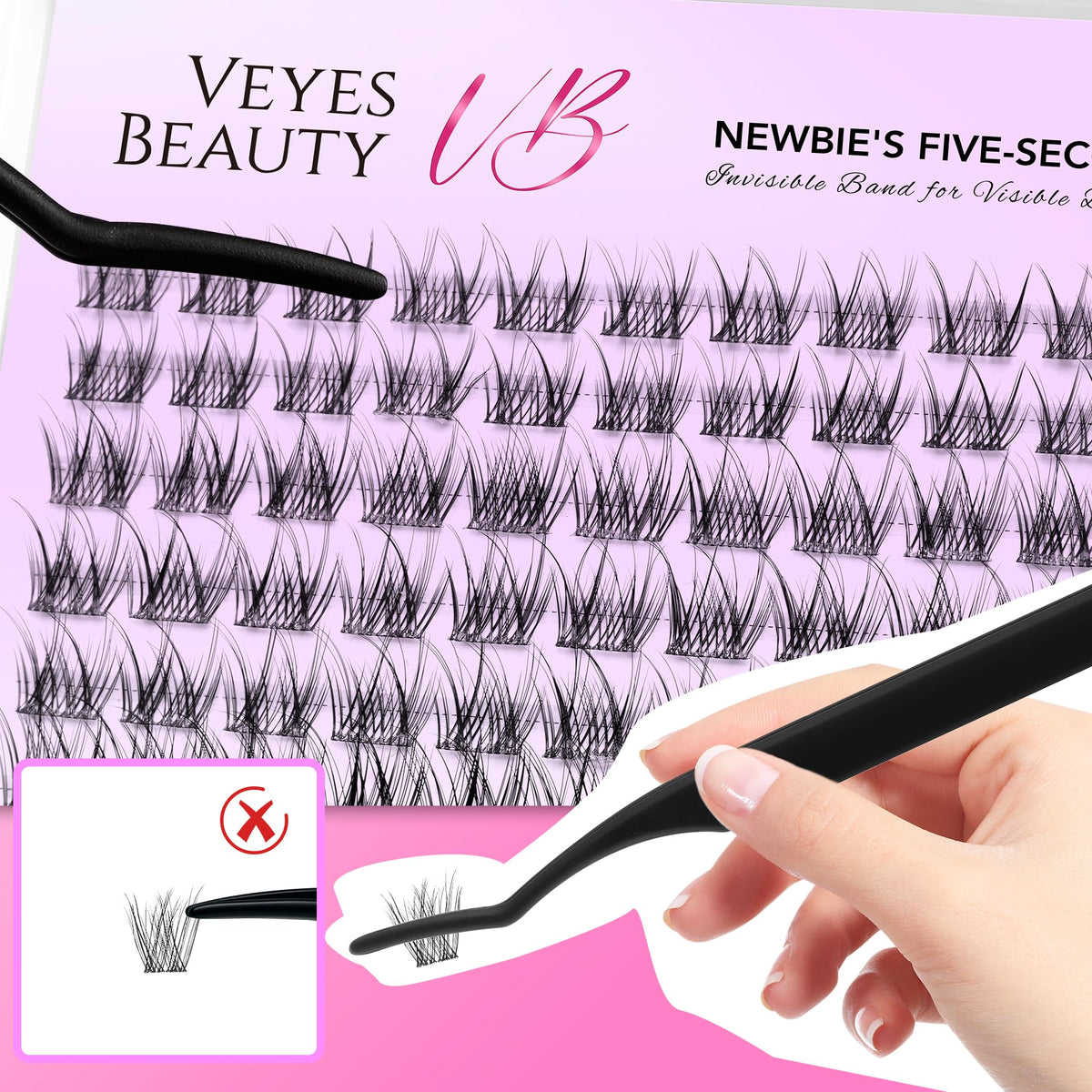 VEYESBEAUTY applicator placing cluster under natural lashes for quick wear