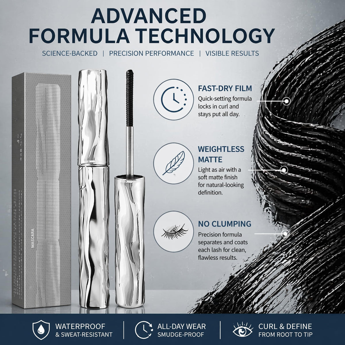 VEYORRA mascara texture swiped on paper showing smooth matte finish
