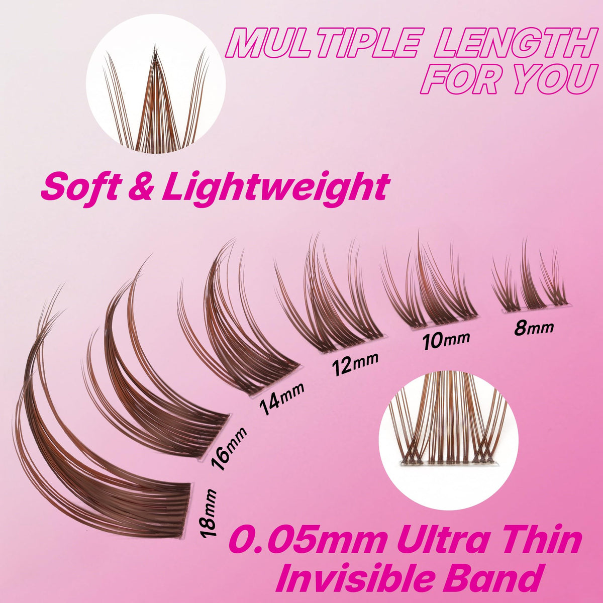 VEYESBEAUTY clusters arranged on tray with mixed 8–18mm lengths for customization
