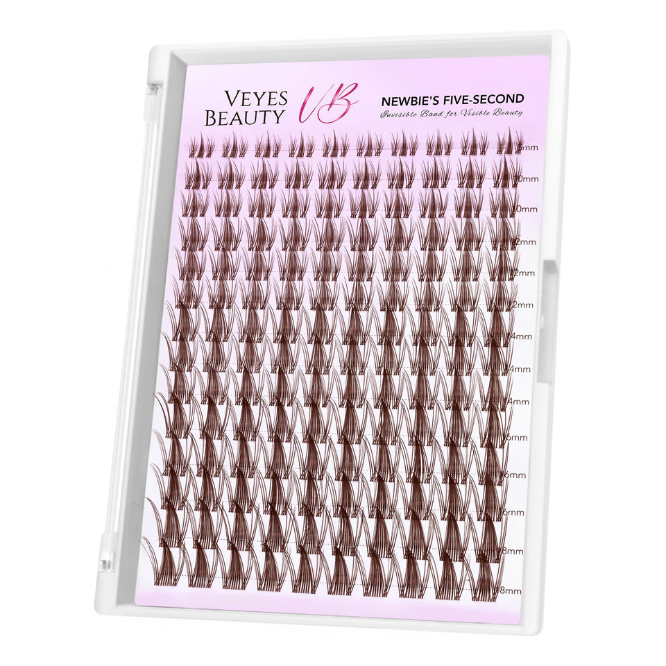 VEYESBEAUTY front packaging showing brown manga lash clusters and tray, clear benefit