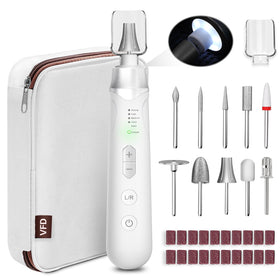 VFD electric nail file front view showing sleek silver body and portability benefit