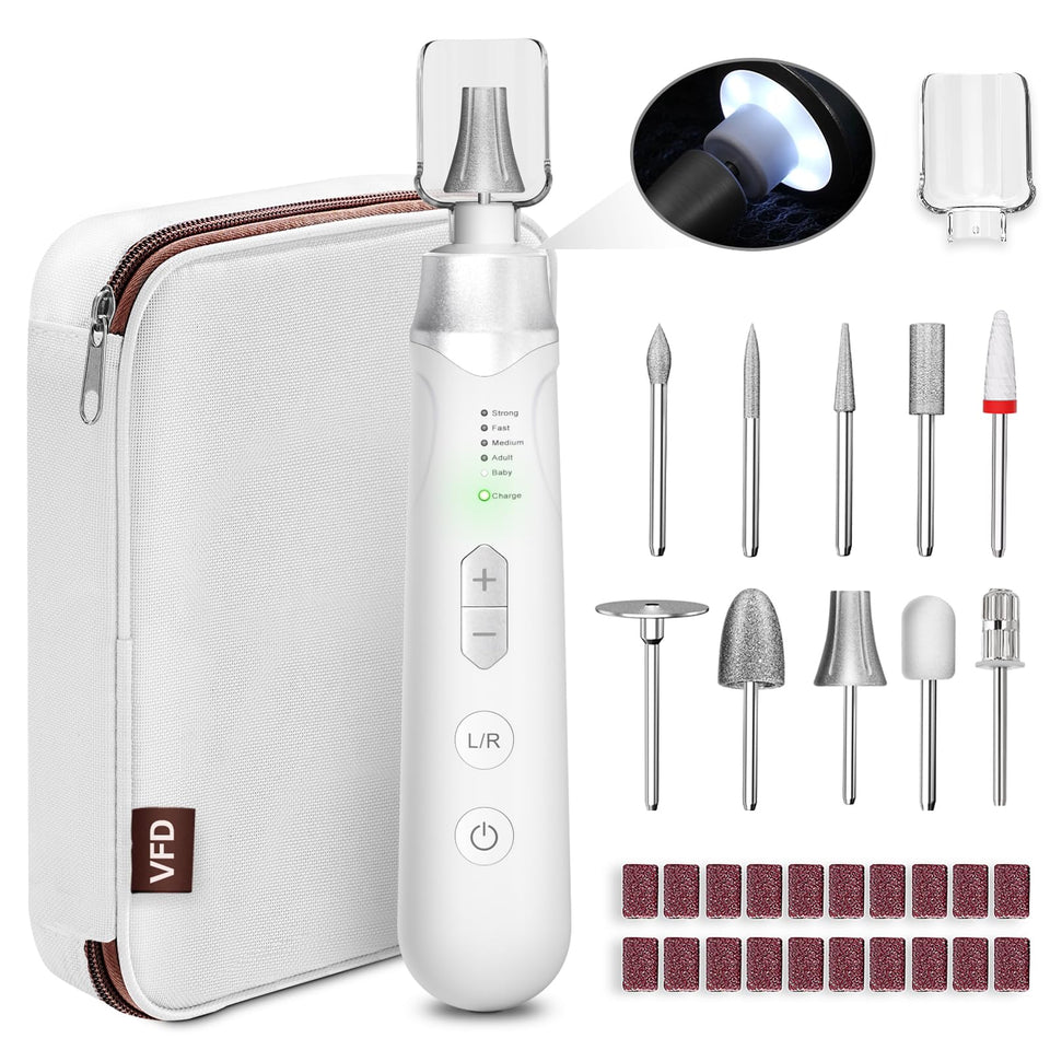 VFD electric nail file front view showing sleek silver body and portability benefit