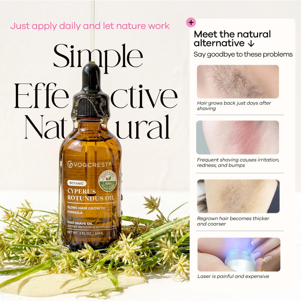 VG VOGCREST ingredient label close-up highlighting natural Cyperus rotundus benefit