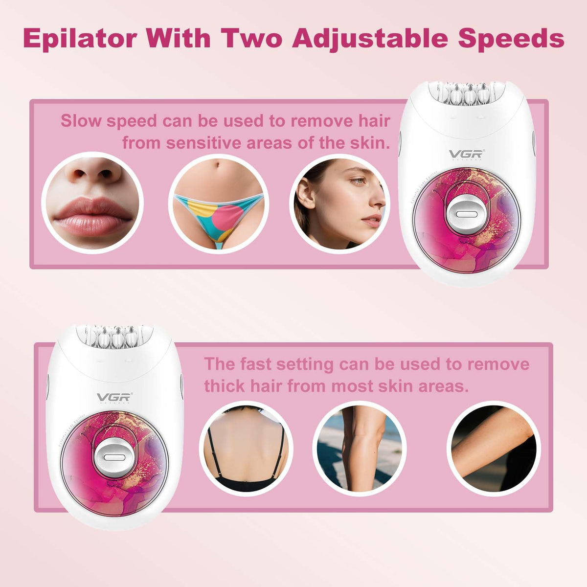 VGR706 used on underarm highlighting gentle precision for sensitive areas