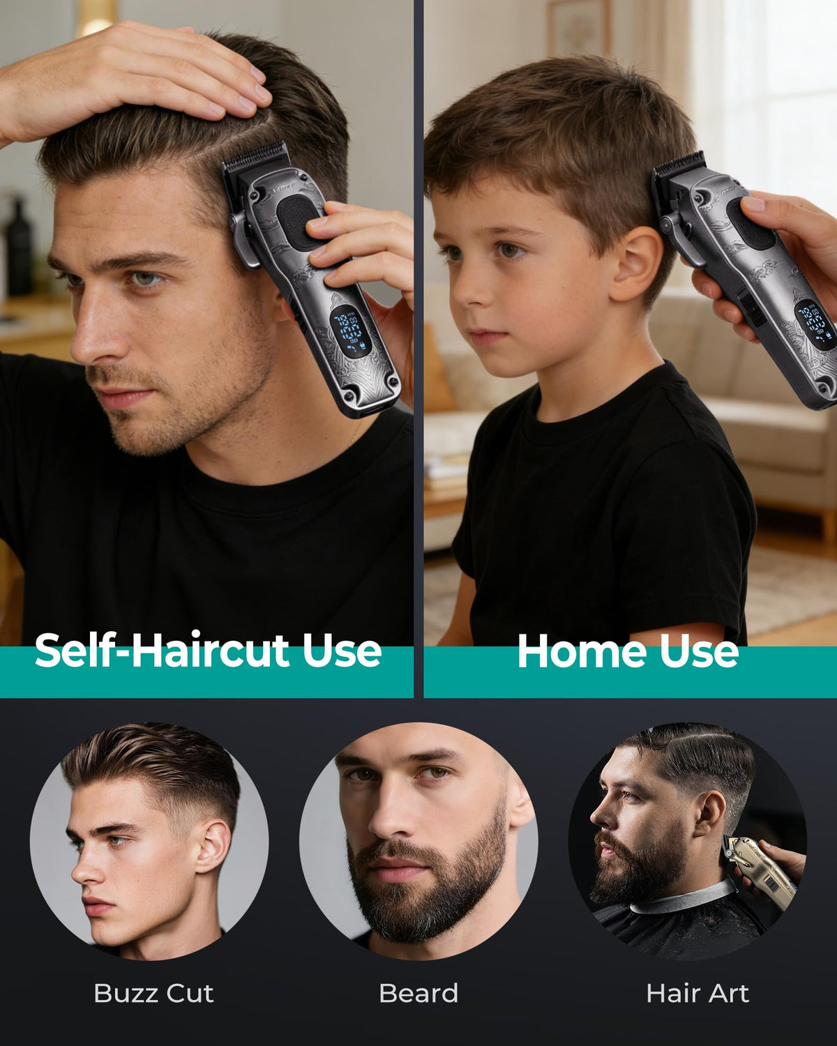 VGRPRO clipper used during a home haircut for quiet ergonomic handling