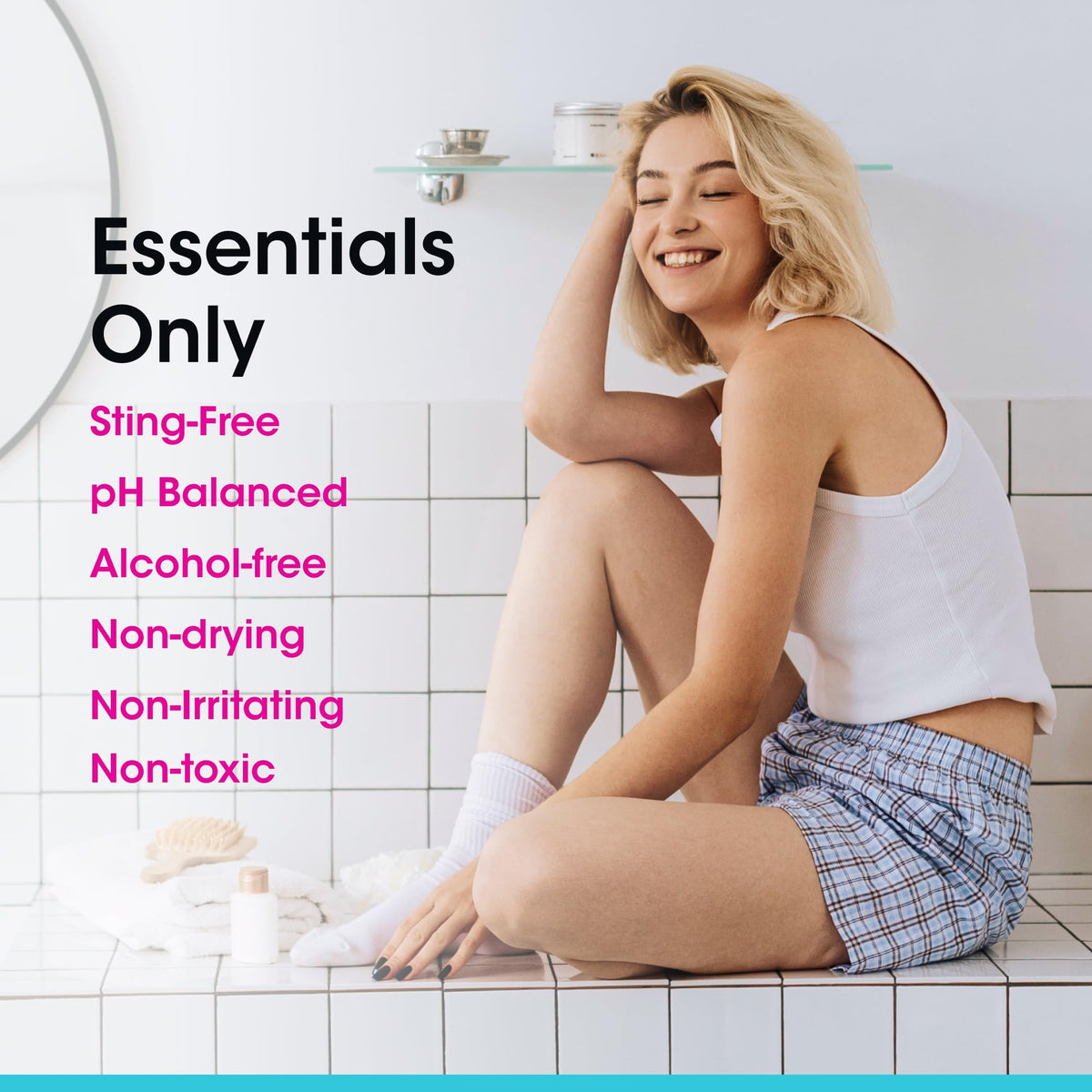 vH essentials used on lower leg after shaving to calm redness and reduce bumps