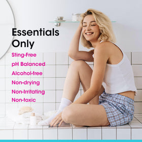 vH essentials used on lower leg after shaving to calm redness and reduce bumps