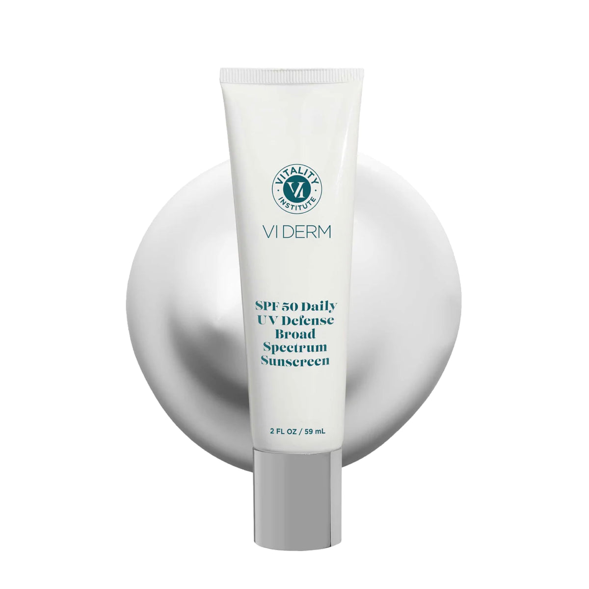 VI DERM front tube view showing compact SPF 50 travel-friendly design and protection