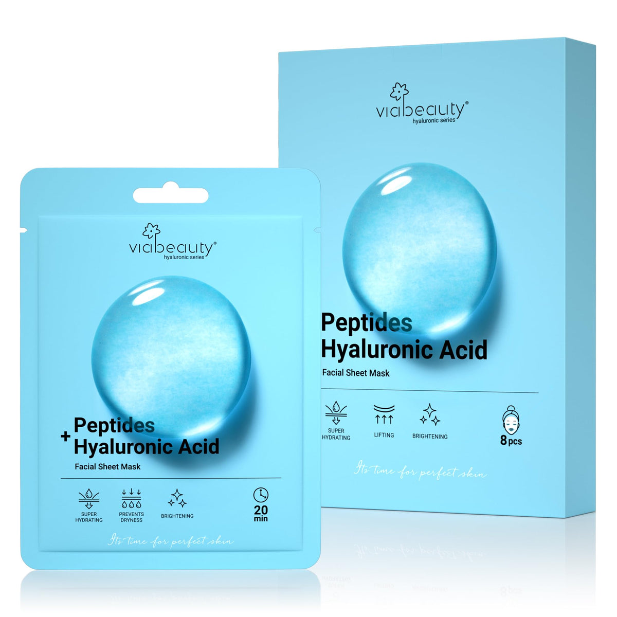 VIABEAUTY front packaging showing eight sheet masks and benefits