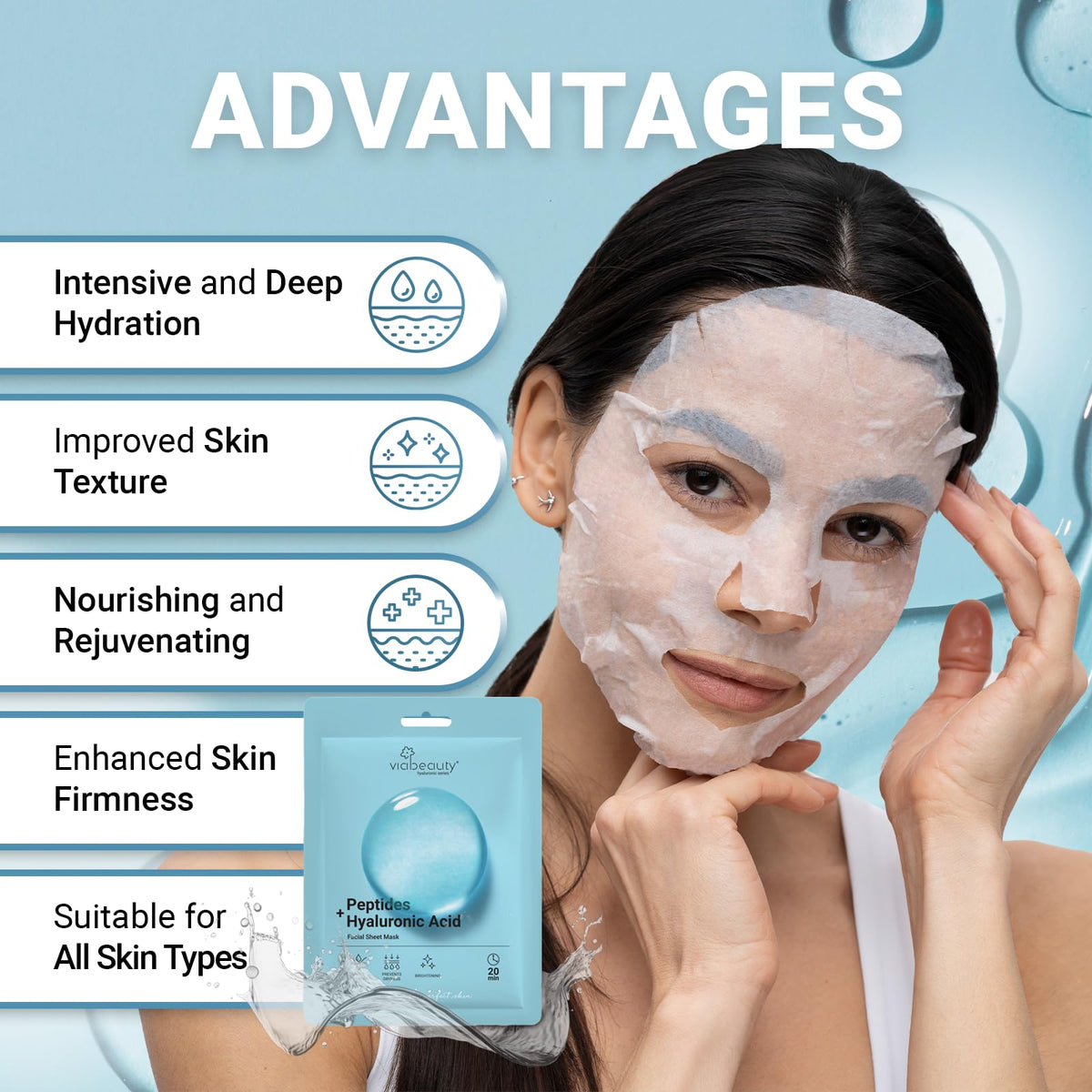 VIABEAUTY sheet mask in use on face demonstrating quick 20-minute hydration