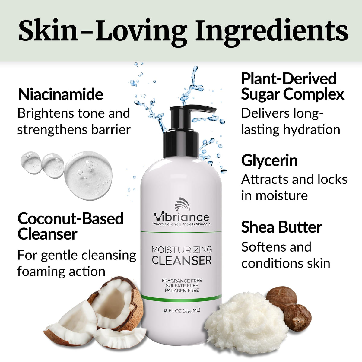 Vibriance ingredient label highlighting niacinamide and shea butter benefits