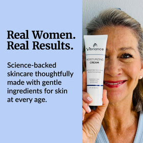 Vibriance lifestyle bathroom counter showing morning routine convenience and layering under makeup