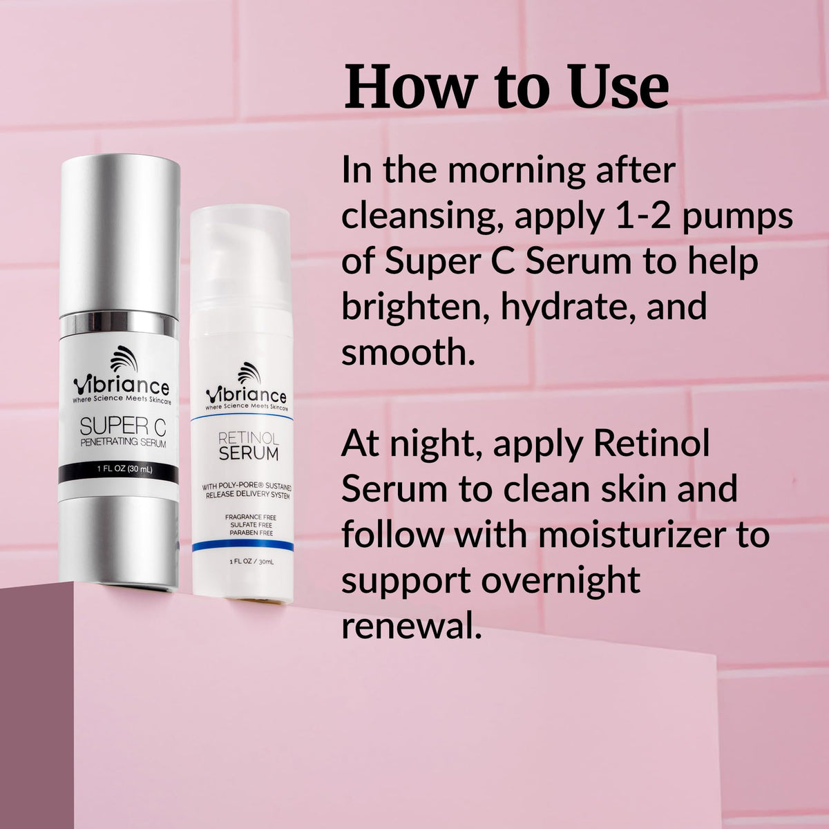 Vibriance Retinol serum bottle close-up of label, communicates product clarity