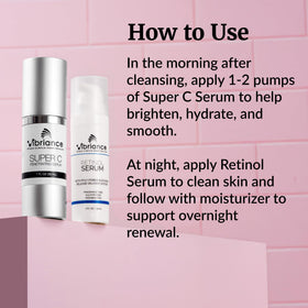 Vibriance Retinol serum bottle close-up of label, communicates product clarity