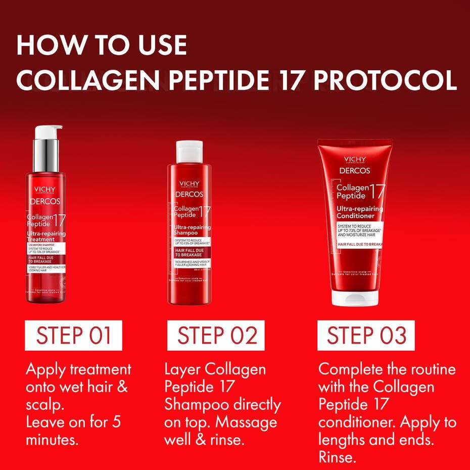 VICHY Dercos in-bathroom application on dry hair demonstrating prep benefit