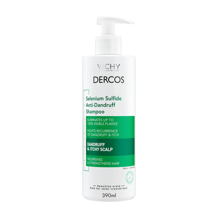 VICHY Dercos front bottle showing product and benefit of dandruff control