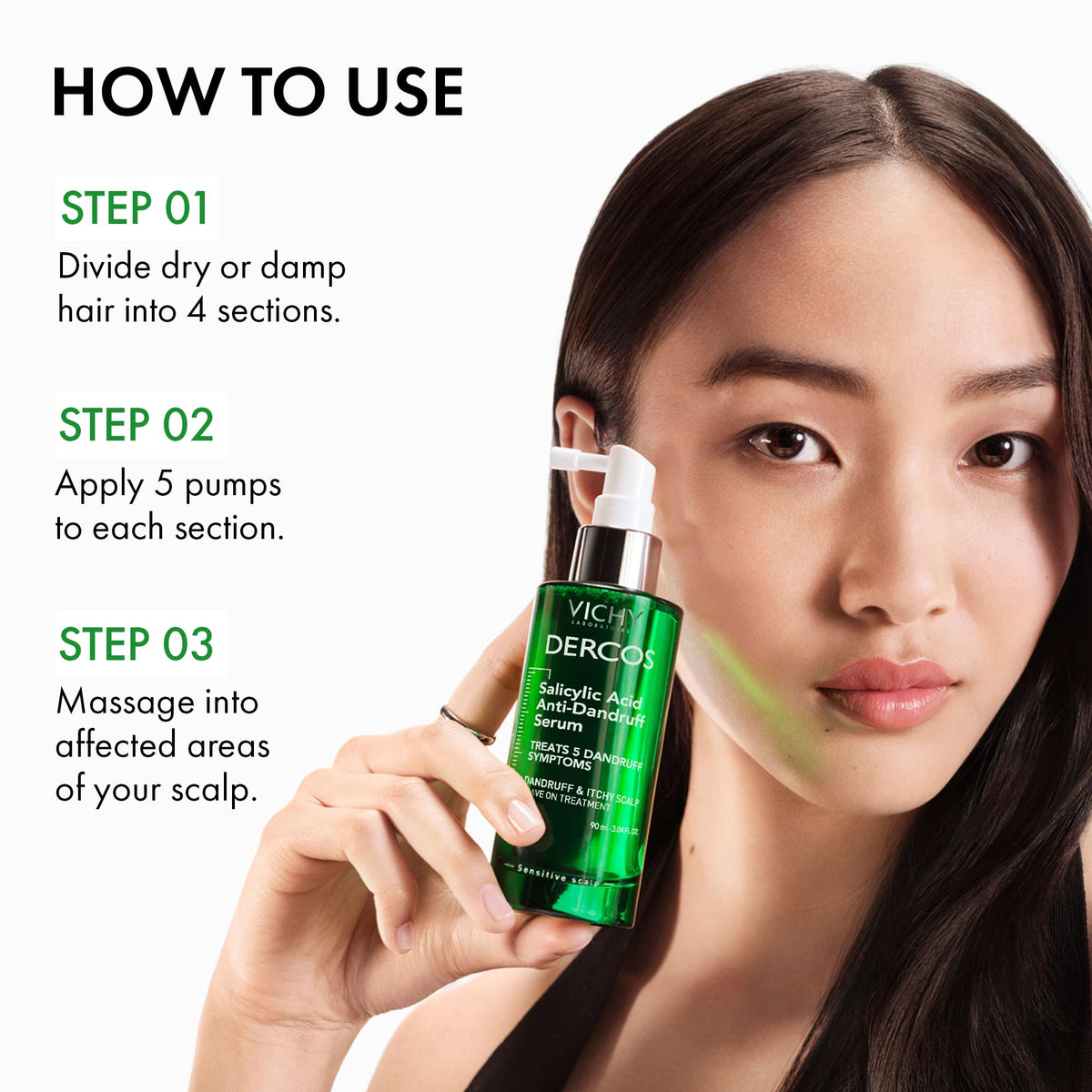 Vichy Dercos being applied to scalp demonstrating spot treatment for flakes and itch relief